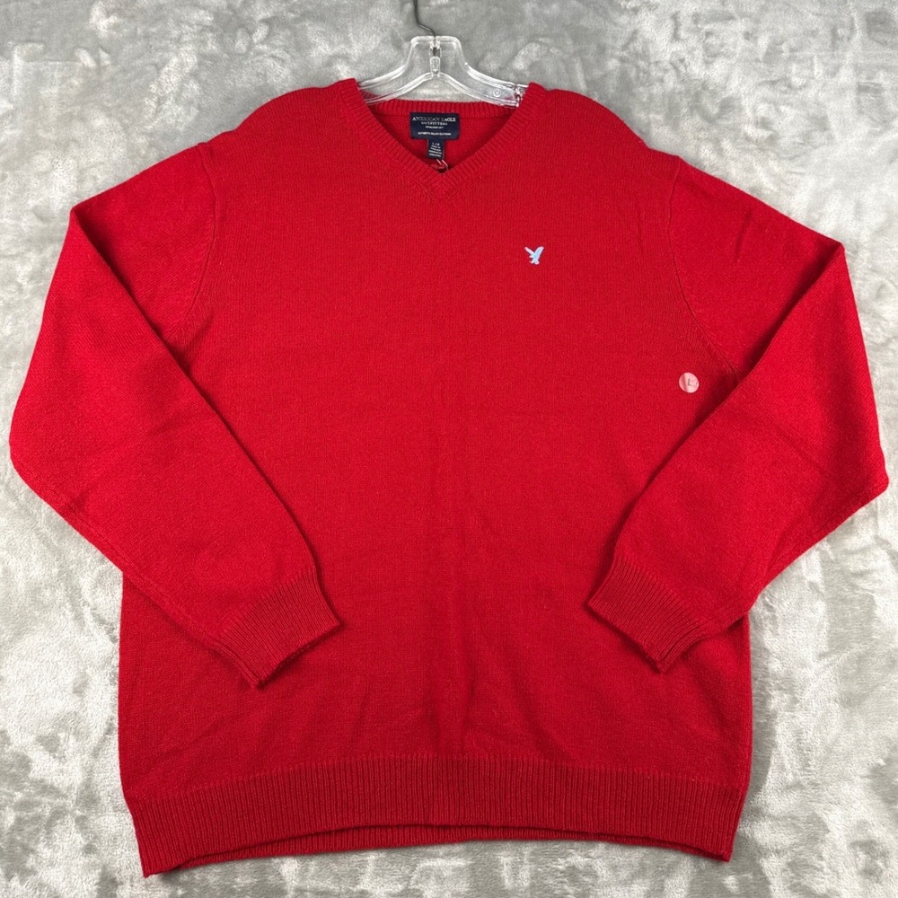 American Eagle Mens Red‎ Wool Cotton Blend V-Neck Sweater Large NWT Holiday